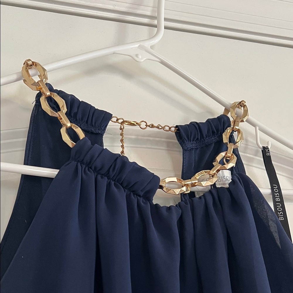 Bisou Bisou Navy Pleated Halter Maxi Dress with Chain Accent - Picture 4 of 10